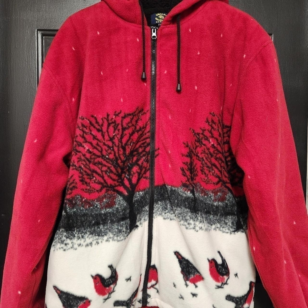 Sofari Canada Womens Red Hooded Fleece Jacket Robins Bird Tree Print Size Large